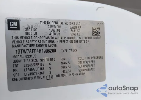 2017 GMC Savana 2500 Work Van z USA, uszkodzony, nr VIN 1GTW7AFF4H1906200